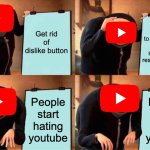 Gru's Plan Meme | Get AI to permanently lock someone in restricted mode; Get rid of dislike button; People start hating youtube; People start hating youtube | image tagged in memes,gru's plan | made w/ Imgflip meme maker