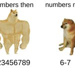 Buff Doge vs. Cheems | numbers then; numbers now; 123456789; 6-7 | image tagged in memes,buff doge vs cheems | made w/ Imgflip meme maker