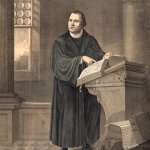 Martin Luther pointing at the Bible
