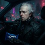 Alexander hailton eating Oreos in a parked car