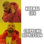 Drake Blank | NORMAL LIFE; CRIPPLING DEPRESSION | image tagged in drake blank | made w/ Imgflip meme maker