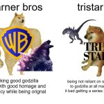 we do not even deserve warner bros hardwork | warner bros; tristar; making good godzilla films with good homage and accuracy while being orignal; being not reliant on source to godzilla at all making it bad getting a series instead | image tagged in memes,buff doge vs cheems | made w/ Imgflip meme maker