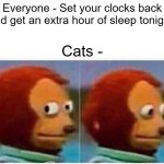Cats | Everyone - Set your clocks back and get an extra hour of sleep tonight! Cats - | image tagged in memes,monkey puppet,fall back,cats,daylight savings time | made w/ Imgflip meme maker