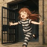An anime girl running out of a prison happily