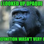 Deep Thoughts | I LOOKED UP OPAQUE; THE DEFINITION WASN'T VERY CLEAR | image tagged in deep thoughts | made w/ Imgflip meme maker