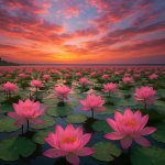 Lotus flowers all over a beautiful body of water with a colorful meme