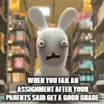 It's over, You Suck, Go home! | WHEN YOU FAIL AN ASSIGNMENT AFTER YOUR PARENTS SAID GET A GOOD GRADE: | image tagged in gifs,rabbids | made w/ Imgflip video-to-gif maker