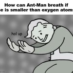Hmmmmm | How can Ant-Man breath if he is smaller than oxygen atoms; hol up | image tagged in hol up,miscellaneous monday | made w/ Imgflip meme maker