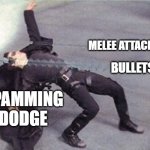 spamming dodge button be like: | MELEE ATTACK; BULLETS; SPAMMING
DODGE | image tagged in neo dodging a bullet matrix,miss,spam,dodge,button | made w/ Imgflip meme maker