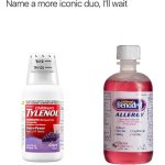 Name a more iconic duo, I'll wait: Benadryl and Tylenol | image tagged in name a more iconic duo i'll wait,medicine,relatable | made w/ Imgflip meme maker