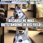 Bad Pun Dog Meme | WHY DID THE SCARECROW WIN AN AWARD? BECAUSE HE WAS OUTSTANDING IN HIS FIELD! | image tagged in memes,bad pun dog | made w/ Imgflip meme maker