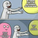 The internet curse you but thank you all at once | ME THINKING THERE IS ONE NON-VENOMOUS AUSTRALIAN ANIMAL; ME; ME THINKING THERE IS ONE NON-VENOMOUS AUSTRALIAN ANIMAL; THE INTERNET TELLING ME IT’S ACTUALLY VENOMOUS, AND IMMUNE TO PAIN KILLERS; ME | image tagged in memes,running away balloon | made w/ Imgflip meme maker