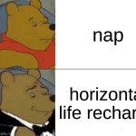 funny | nap; horizontal life recharge | image tagged in memes,tuxedo winnie the pooh,funny memes | made w/ Imgflip meme maker