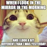 Smiling Cat | WHEN I LOOK IN THE MIRROR IN THE MORNING; AND I LOOK A BIT DIFFERENT THAN I WAS YESTERDAY | image tagged in memes,smiling cat | made w/ Imgflip meme maker