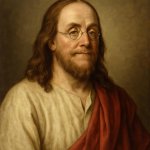 Ben franklin but make it so he has jesus hair and where the red