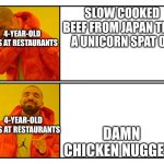 Drake Meme Template | SLOW COOKED BEEF FROM JAPAN THAT A UNICORN SPAT ON; 4-YEAR-OLD KIDS AT RESTAURANTS; DAMN CHICKEN NUGGETS; 4-YEAR-OLD KIDS AT RESTAURANTS | image tagged in drake meme template | made w/ Imgflip meme maker