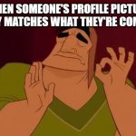 Patcha just right | WHEN SOMEONE'S PROFILE PICTURE PERFECTLY MATCHES WHAT THEY'RE COMMENTING | image tagged in patcha just right,emperor's new groove,lol so funny,the emperor's new groove,memes | made w/ Imgflip meme maker