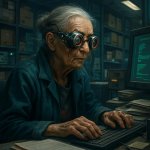 very old woman working in an office/storage space/customs agency