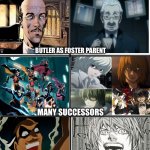 Similarities between death note and Batman characters | ORPHAN WHO GREW UP TO THE ANTI-HERO DETECTIVE; BUTLER AS FOSTER PARENT; MANY SUCCESSORS; A DIVINE EVIL WHO IS VERSATILE AND IDEALISTIC BUT TRIES TO THAT CHANGE THE WORLD WITH GENOCIDE; HOT THIEF WHO IS ALSO A FRIEND | image tagged in 5 long comparison chart,characters | made w/ Imgflip meme maker
