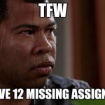 sweating bullets | TFW; YOU HAVE 12 MISSING ASSIGNMENTS | image tagged in sweating bullets | made w/ Imgflip meme maker