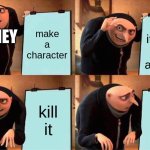 Yes its all coming together | make a character; make it show up for an hour; DISNEY; kill it; kill it | image tagged in memes,gru's plan | made w/ Imgflip meme maker