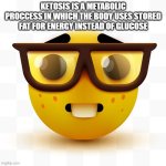 Ketosis | KETOSIS IS A METABOLIC PROCCESS IN WHICH THE BODY USES STORED FAT FOR ENERGY INSTEAD OF GLUCOSE | image tagged in nerd emoji,yapping,useless stuff,who asked | made w/ Imgflip meme maker