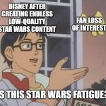 Disney Star Wars | DISNEY AFTER CREATING ENDLESS LOW-QUALITY STAR WARS CONTENT; FAN LOSS OF INTEREST; IS THIS STAR WARS FATIGUE? | image tagged in memes,is this a pigeon,star wars,disney,woke | made w/ Imgflip meme maker