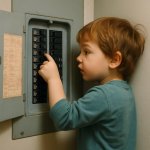 child flipping random breakers in the breaker box on and off