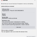 why did you ban me for raging | RageDetected - Place ID: 83312952548612; Raging; November 9, 2025 at 6:09 AM; Your account has been moderated for violating the Terms of Use for rage and extreme anger. Roblox does not permit slamming keyboards or desks violently. Did we make a mistake?
You can appeal or ask us to review the decision here. | image tagged in banned from roblox | made w/ Imgflip meme maker