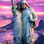 Statue of Liberty consoled by Statue of Jesus meme