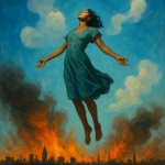 woman floating upwards peacefully away from a burning city, into template