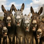 A herd of donkeys laughing at the camera