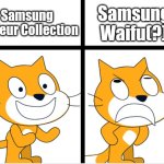 2025 Meme: La'Fleur Collection V.S. Samsung Waifu | Samsung Waifu(?); Samsung La'Fleur Collection | image tagged in good vs bad,scratch,samsung | made w/ Imgflip meme maker