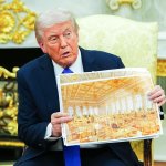 Trump with ballroom rendering