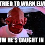 Elvis is caught in a trap | I TRIED TO WARN ELVIS; AND NOW HE'S CAUGHT IN A TRAP | image tagged in it's a trap,elvis presley,elvis,admiral ackbar,star wars | made w/ Imgflip meme maker