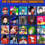 top 20 favorite male characters | image tagged in top 20 favorite male characters,top 20,video games,cartoons,classic movies,super mario bros | made w/ Imgflip meme maker