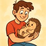 a young man baybysitting a hedghoge like a human baby