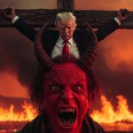 Donald Trump crucified in Hell laughing Satan