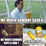 hate 67 | ME WHEN SOMONE SAID 67; ME WHEN SOMONE SAYS 6 AND 7; ME WHEN I GO TO IMGFLIP TO SEE 67 HATEING | image tagged in memes,sad pablo escobar | made w/ Imgflip meme maker