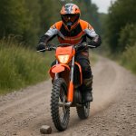 Dirt bike rider riding on a gravel road with a small rock in fro