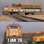 New year resolutions | NEW YEAR'S RESOLUTIONS; 1 JAN '26 | image tagged in train crashes bus,new year,new year resolutions | made w/ Imgflip meme maker