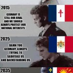 TFR meme Frankish State | 2005; I WISH WE NEVER GO AT WAR WITH GERMANY EVER AGAIN; GERMANY IS STILL OUR RIVAL AND WE SHOULD ALWAYS PROTECT OUR NATIONAL INTERESTS; 2015; 2025; DAMN YOU GERMANY, ALWAYS TRYING TO SABOTAGE US AND BACKSTABBING US; 2035; BURNING THE IRMINSUL WASN'T ENOUGH. WE MUST BURN ALL OF GERMANY. | image tagged in anakin 4 phases | made w/ Imgflip meme maker