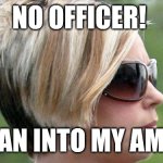 Karen | NO OFFICER! HE RAN INTO MY AMMO! | image tagged in karen | made w/ Imgflip meme maker