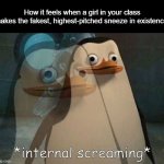 You are NOT a mouse bro | How it feels when a girl in your class makes the fakest, highest-pitched sneeze in existence: | image tagged in private internal screaming,memes,funny,relatable,penguins of madagascar | made w/ Imgflip meme maker