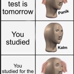 hate when that happens… | Math test is tomorrow; You studied; You studied for the SCIENCE test | image tagged in memes,panik kalm panik,school,math,science | made w/ Imgflip meme maker