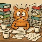 A cat sitting at a desk with a very stressed-out expression, sur