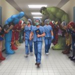 Superheroes bowing to doctors