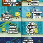 dumb title | GEN ALPHA KIDS ARE HARD CHILDREN TO RAISE BC OF BRAINROT; "MILLENIALS HAVE AN EASY LIFE"; STRUGGLING TO GET A GF/WIFE; EVERYTHING IS MORE EXPENSIVE TODAY; AI IS STEALING A LOT OF JOBS; MILLENIALS WERE MOSTLY RAISED BY BOOMERS, WHO WERE OFTEN BAD PARENTS; MILLENIALS WILL PROBABLY NEVER RETIRE | image tagged in spongebob shows patrick garbage,millennials,family life,spongebob diapers meme,sad but true,why | made w/ Imgflip meme maker
