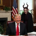 Donald Trump Satan laughing pile of gold