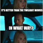 The Rock Driving: Nocturnal Dialogue Extended #1 | GIVE ME A REASON WHY I SHOULD WATCH KPOP DEMON HUNTERS; IT'S BETTER THAN THE TWILIGHT MOVIES; IN WHAT WAY? RELATIONSHIPS. EDWARD IS 117 YEARS OLD AND HIS RELATIONSHIP IS TOXIC. JINU IS OVER 400 YEARS OLD AND GOT THE GIRL IMMEDIATELY | image tagged in the rock driving nocturnal dialogue extended 1 | made w/ Imgflip meme maker